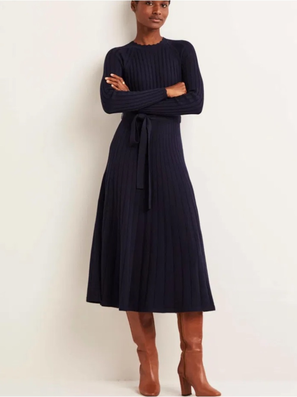 Boden Navy Ribbed Long-Sleeve Midi Dress with Self-Tie Waist